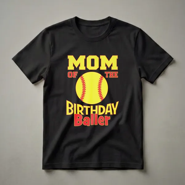 Black t-shirt with yellow and red graphic text that reads "MOM OF THE BIRTHDAY Baller" with a yellow softball illustration in the center.