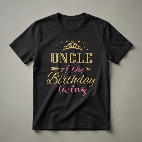 Black t-shirt with gold and pink text that reads 'UNCLE of the Birthday twins', adorned with a gold crown and stars.