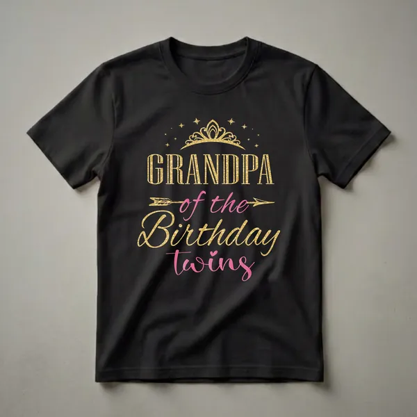 Black t-shirt with gold and pink text that reads 'Grandpa of the Birthday Twins', featuring a gold crown and stars.