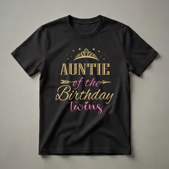 Auntie of the Birthday Twins Gold Glitter Graphic T-Shirt