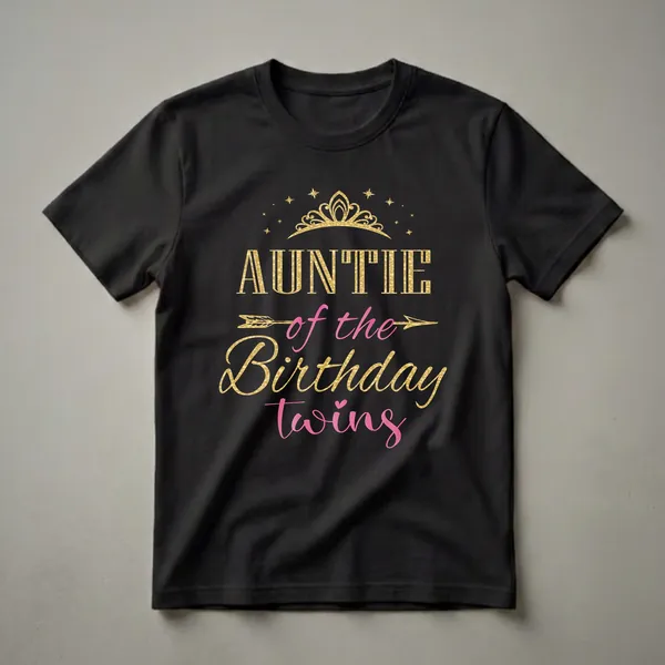 Black t-shirt with gold glitter text that reads 'AUNTIE of the Birthday twins' in pink, topped with a gold glitter crown and stars.