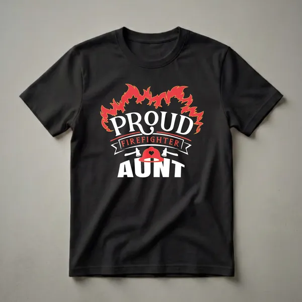 Black t-shirt with white and red text that reads 'Proud Firefighter Aunt', surrounded by flames, a firefighter helmet, and axes.