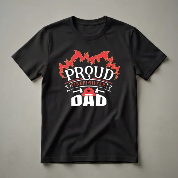 Black t-shirt with white and red graphic text that reads 'Proud Firefighter Dad' with flames, axes, and a firefighter helmet.
