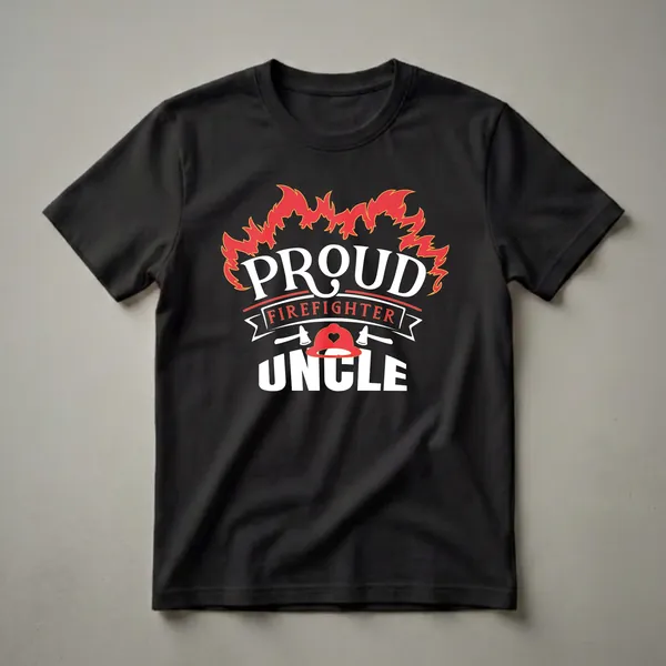 Black t-shirt with white and red text that reads 'Proud Firefighter Uncle', surrounded by flames, axes, and a firefighter helmet with a heart.