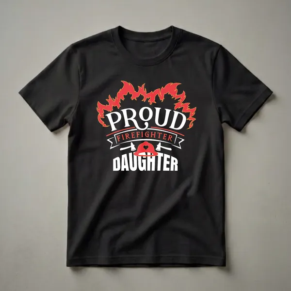 Black t-shirt with white text reading 'Proud Firefighter Daughter' surrounded by red flames, a firefighter helmet, and crossed axes.