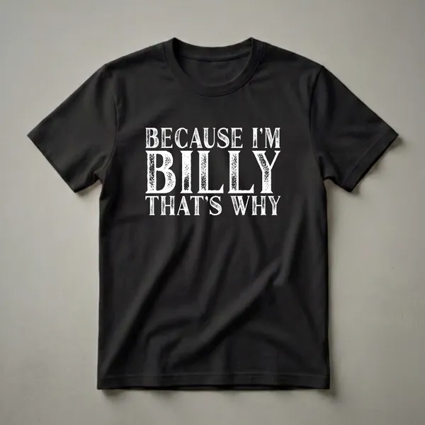 Black t-shirt with white distressed text that reads 'BECAUSE I'M BILLY THAT'S WHY'.