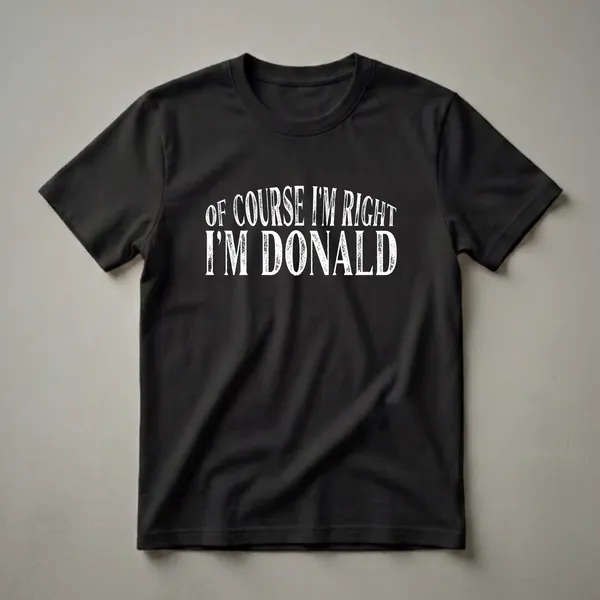 Black t-shirt with distressed white text that reads 'OF COURSE I'M RIGHT I'M DONALD'.