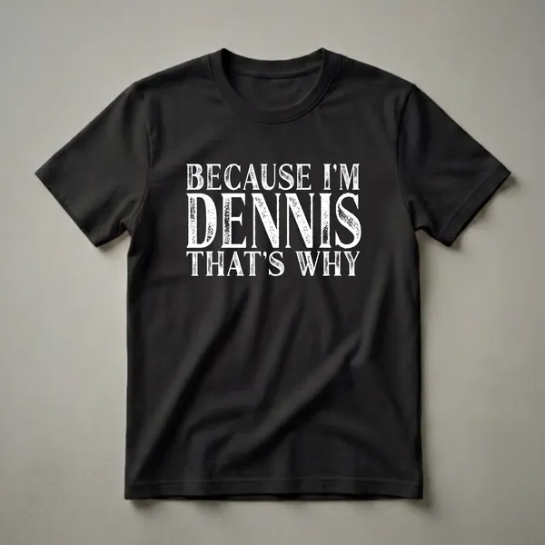 Black t-shirt with white distressed text that reads 'BECAUSE I'M DENNIS THAT'S WHY'.