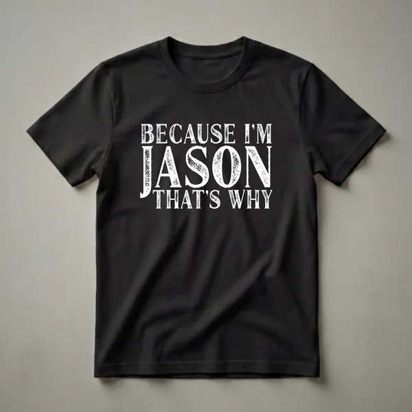 Black t-shirt with distressed white text that reads 'BECAUSE I'M JASON THAT'S WHY'.