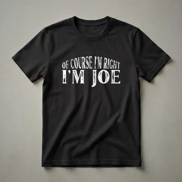 Black t-shirt with white distressed text that reads 'OF COURSE I'M RIGHT I'M JOE'.