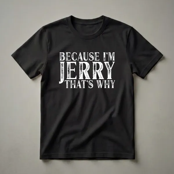 Black t-shirt with white distressed text that reads 'BECAUSE I'M JERRY THAT'S WHY'.
