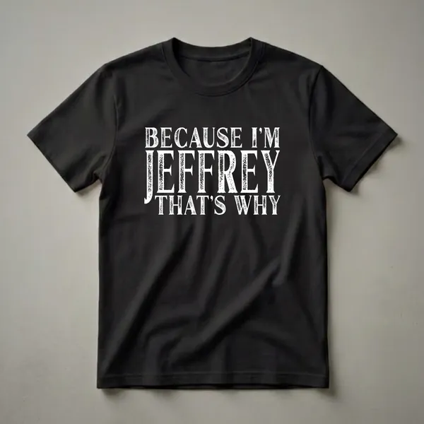 Black t-shirt with distressed white text that reads 'BECAUSE I'M JEFFREY THAT'S WHY'.