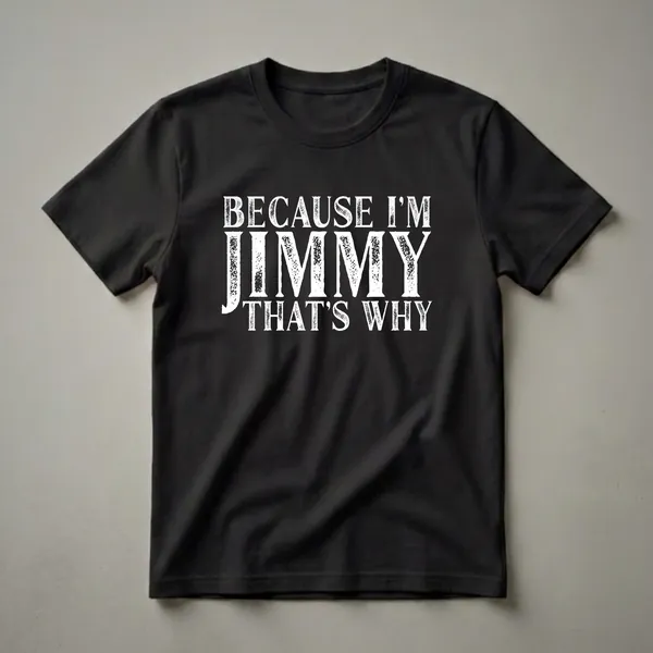 Black t-shirt with distressed white text that reads 'BECAUSE I'M JIMMY THAT'S WHY'.