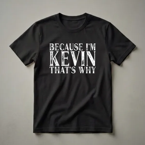 Black t-shirt with white distressed text that reads 'BECAUSE I'M KEVIN THAT'S WHY'.