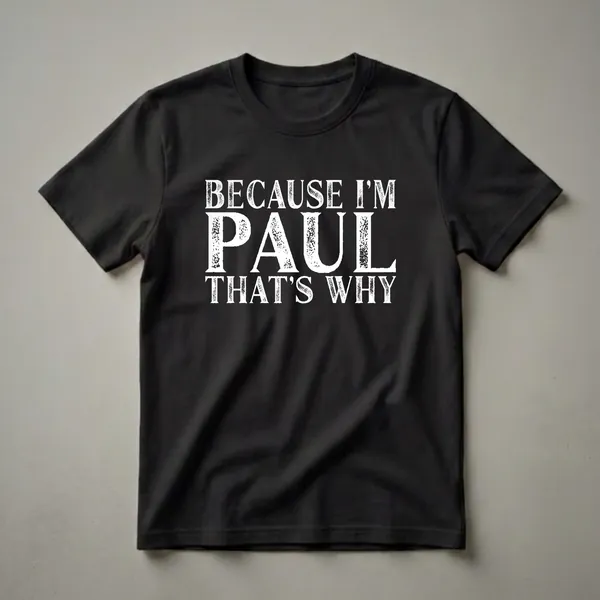 Black t-shirt with distressed white text that reads 'BECAUSE I'M PAUL THAT'S WHY'.