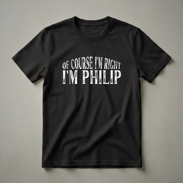Black t-shirt with white distressed text that reads 'OF COURSE I'M RIGHT I'M PHILIP'.