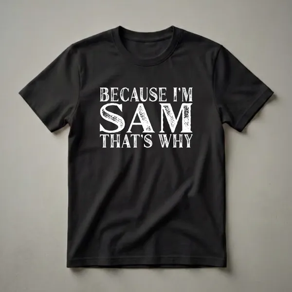 Black t-shirt with white distressed text that reads 'BECAUSE I'M SAM THAT'S WHY'.