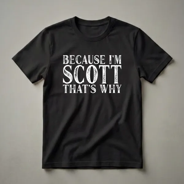 Black t-shirt with white distressed text that reads 'BECAUSE I'M SCOTT THAT'S WHY'.