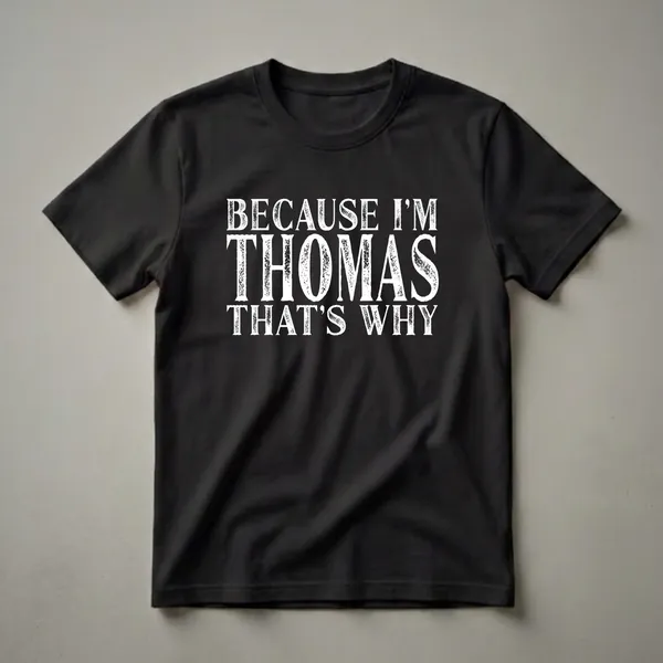 Black t-shirt with distressed white text that reads 'BECAUSE I'M THOMAS THAT'S WHY'.