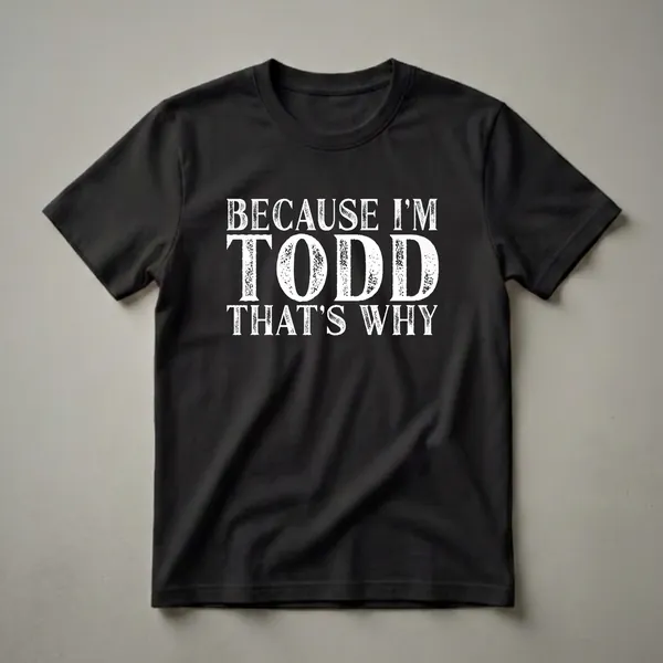 Black t-shirt with white distressed text that reads 'BECAUSE I'M TODD THAT'S WHY'.