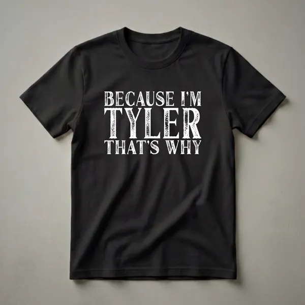 White distressed text on a black t-shirt that reads 'BECAUSE I'M TYLER THAT'S WHY'.
