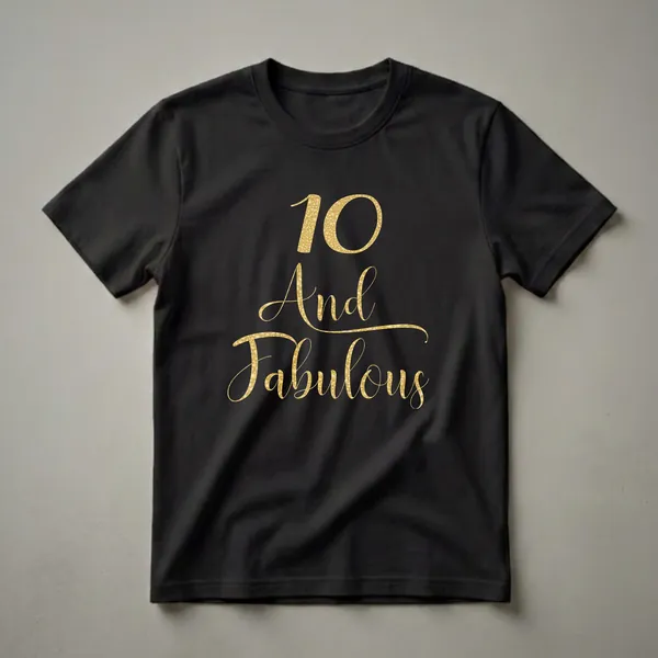 Black t-shirt with the number 10 and the words 'And Fabulous' written in a shimmering gold glitter script font.