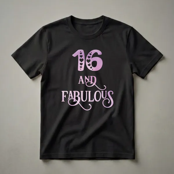 Black t-shirt with a pink and purple gradient graphic that reads '16 AND FABULOUS', featuring heart cutouts within the number 16.