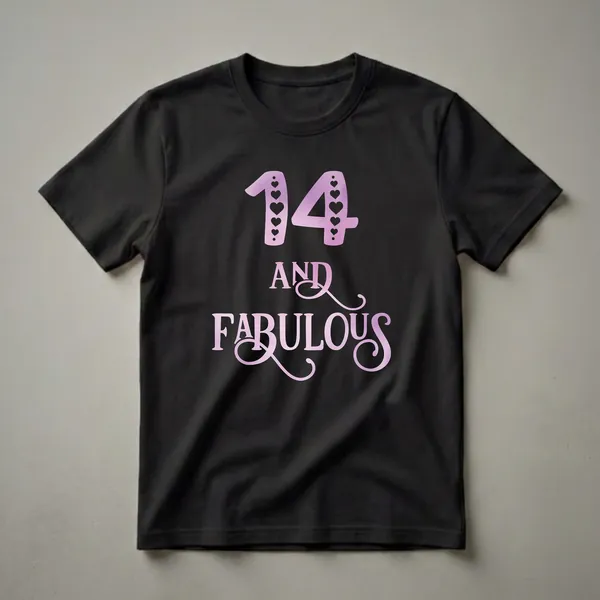 Black t-shirt with a graphic design featuring the number 14 decorated with hearts and the words 'AND FABULOUS' in a pink and purple watercolor gradient.