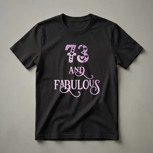 A black t-shirt graphic featuring the number 73 filled with pink and purple hearts and dots, followed by the words 'AND FABULOUS' in a decorative script font.