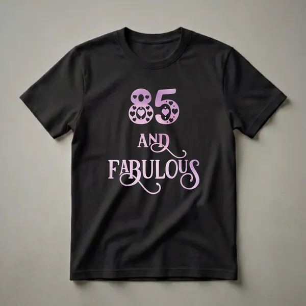 Black t-shirt with a pink and purple gradient graphic that reads '85 AND FABULOUS', featuring decorative hearts and dots around the number 85.