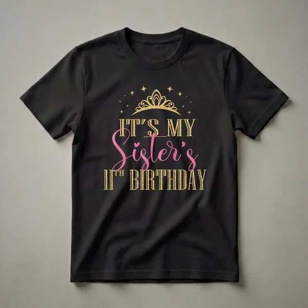 Black t-shirt with gold and pink text that reads 'IT'S MY SISTER'S 11TH BIRTHDAY' with a gold crown and stars.