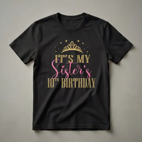 Black t-shirt with gold glitter tiara and stars above pink script 'Sister's' and gold textured text reading 'IT'S MY 10TH BIRTHDAY'.