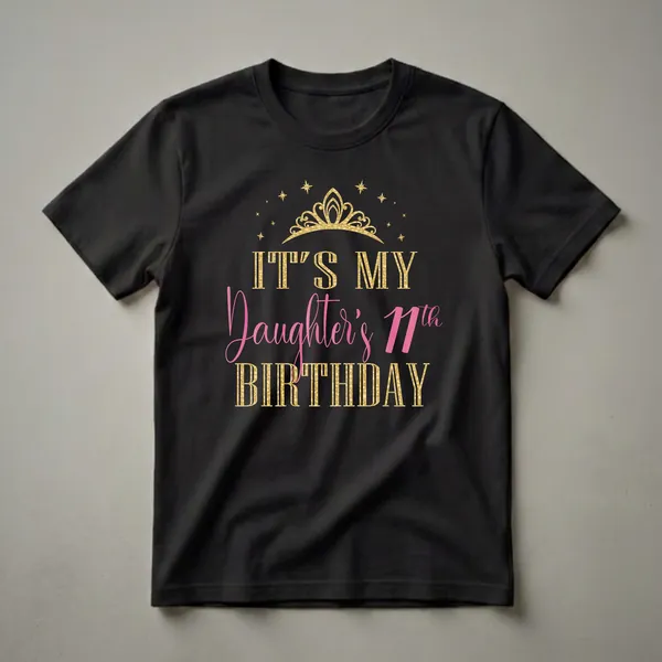 Black t-shirt with gold glitter text reading 'IT'S MY DAUGHTER'S 11th BIRTHDAY' and a gold glitter crown with stars above.