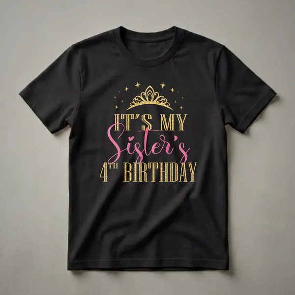 Black t-shirt with gold text reading 'IT'S MY', '4TH BIRTHDAY', and pink script text reading 'Sister's', topped with a gold crown and surrounded by gold stars.