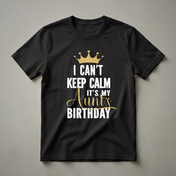 Black t-shirt with distressed white text that reads 'I CAN'T KEEP CALM IT'S MY AUNT'S BIRTHDAY' and a gold glitter crown above the text.