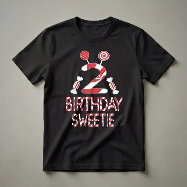Black t-shirt with a graphic design featuring a large red and white striped number '2', two lollipops, two wrapped candies, and the words 'BIRTHDAY SWEETIE' in a candy stripe pattern.