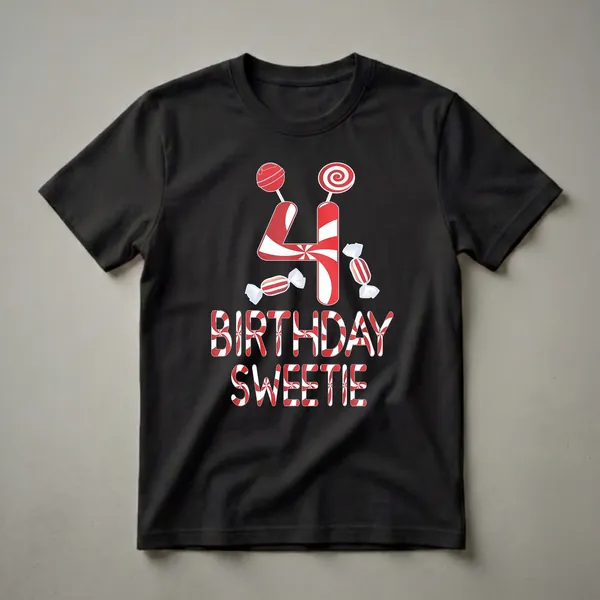Black t-shirt with a "4th Birthday Sweetie" graphic featuring the number 4, lollipops, and wrapped candies in a red and white candy cane stripe pattern.
