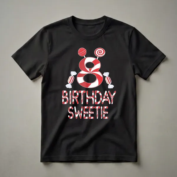 Black t-shirt featuring a large red and white striped number 8, surrounded by wrapped candies and lollipops, with the words "BIRTHDAY SWEETIE" in a candy stripe font.
