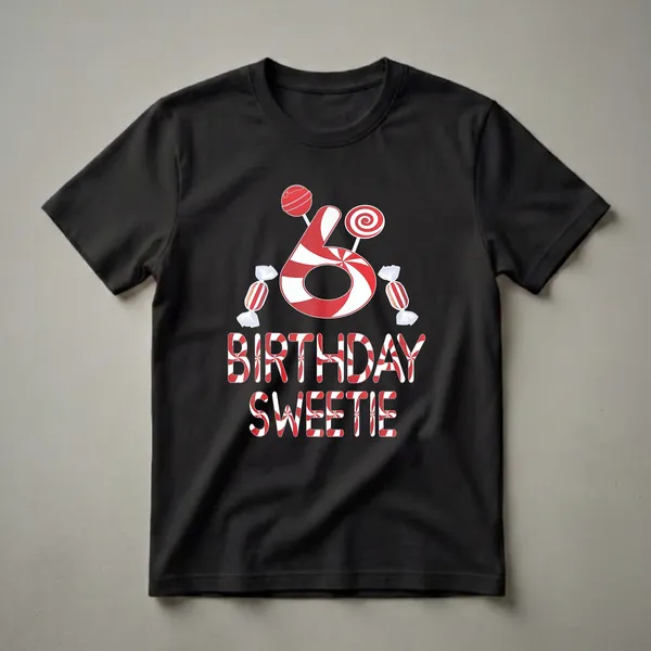 Black t-shirt featuring a large red and white candy-themed number 6 with lollipops and wrapped candies, and the text 'BIRTHDAY SWEETIE' in matching candy-themed letters.