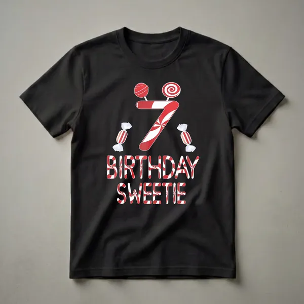 Black t-shirt featuring a large red and white striped number 7, topped with lollipops and flanked by wrapped candies, with the words BIRTHDAY SWEETIE below in matching candy stripe font.