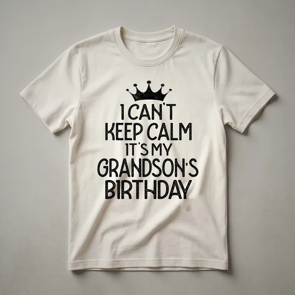 White graphic t-shirt with black distressed text that reads 'I Can't Keep Calm It's My Grandson's Birthday Party'.