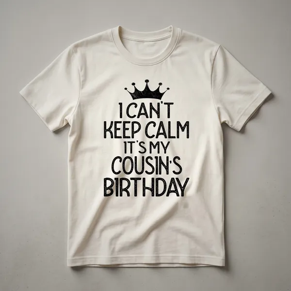 White graphic t-shirt with black text that reads 'I Can't Keep Calm It's My Cousin's Birthday Party'.