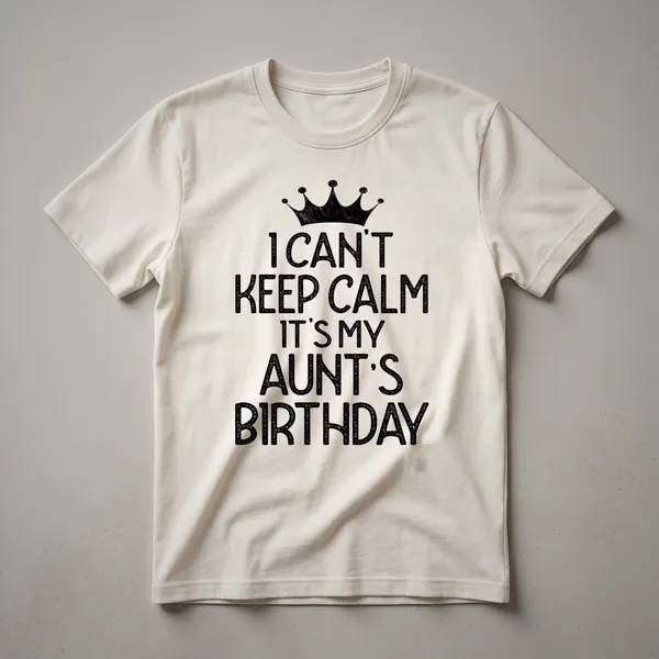 A white t-shirt with black text that reads 'I Can't Keep Calm It's My Aunt's Birthday Party' and features a crown graphic above the text.