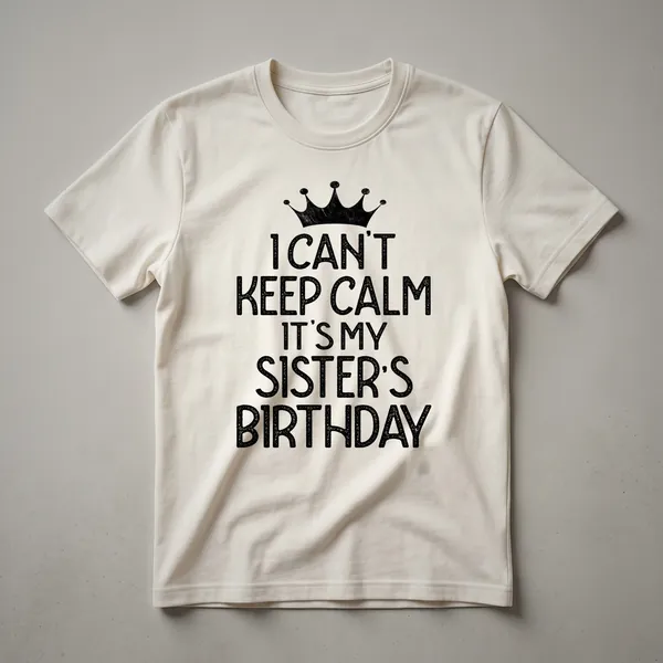 White graphic t-shirt with distressed text that reads 'I Can't Keep Calm It's My Sister's Birthday Party' and a crown graphic.