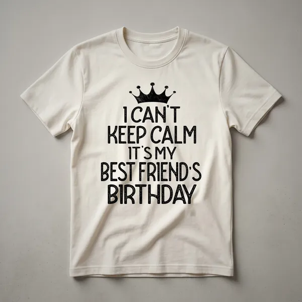 White graphic t-shirt with bold, distressed black text that reads 'I Can't Keep Calm It's My Best Friend's Birthday Party'.