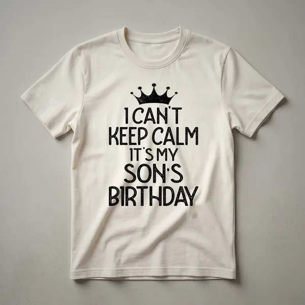 White graphic t-shirt with black text that reads 'I Can't Keep Calm It's My Son's Birthday Party' and a small party hat icon.