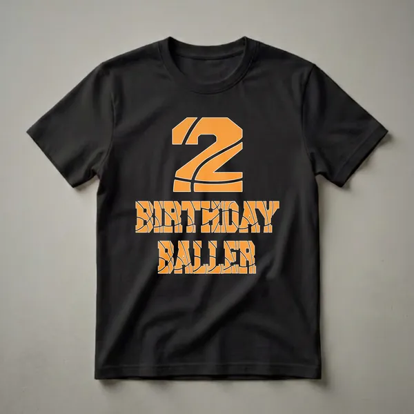 Black t-shirt with a large orange basketball-textured number '2' above bold orange block letters reading 'BIRTHDAY BALLER' with basketball seam patterns.