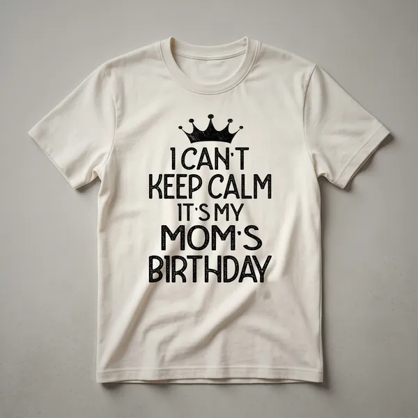 A black t-shirt with white text that reads 'I Can't Keep Calm It's My Mom's Birthday Party' and a small crown graphic above the text.