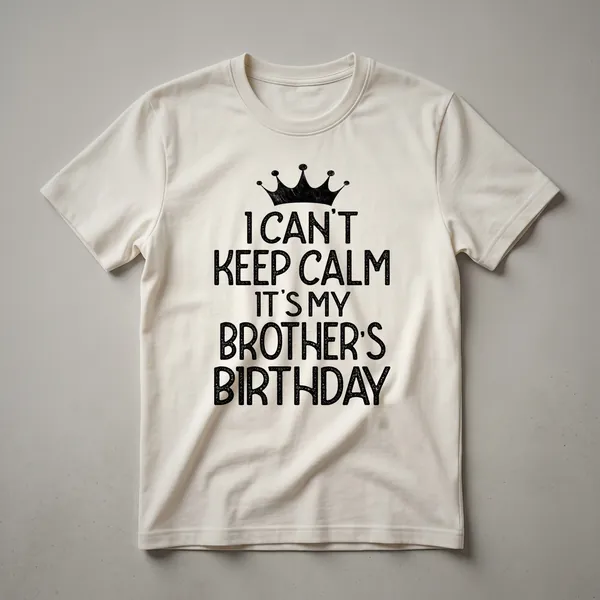 White graphic t-shirt with black distressed text that reads 'I Can't Keep Calm It's My Brother's Birthday Party'.