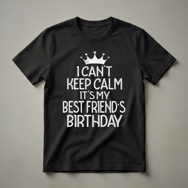 Black t-shirt with distressed white text that reads 'I CAN'T KEEP CALM IT'S MY BEST FRIEND'S BIRTHDAY' and a distressed white crown graphic above the text.